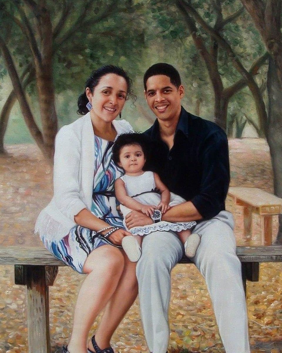 Oil painting of a mother, father and baby on a bench, hand-painted from a photograph