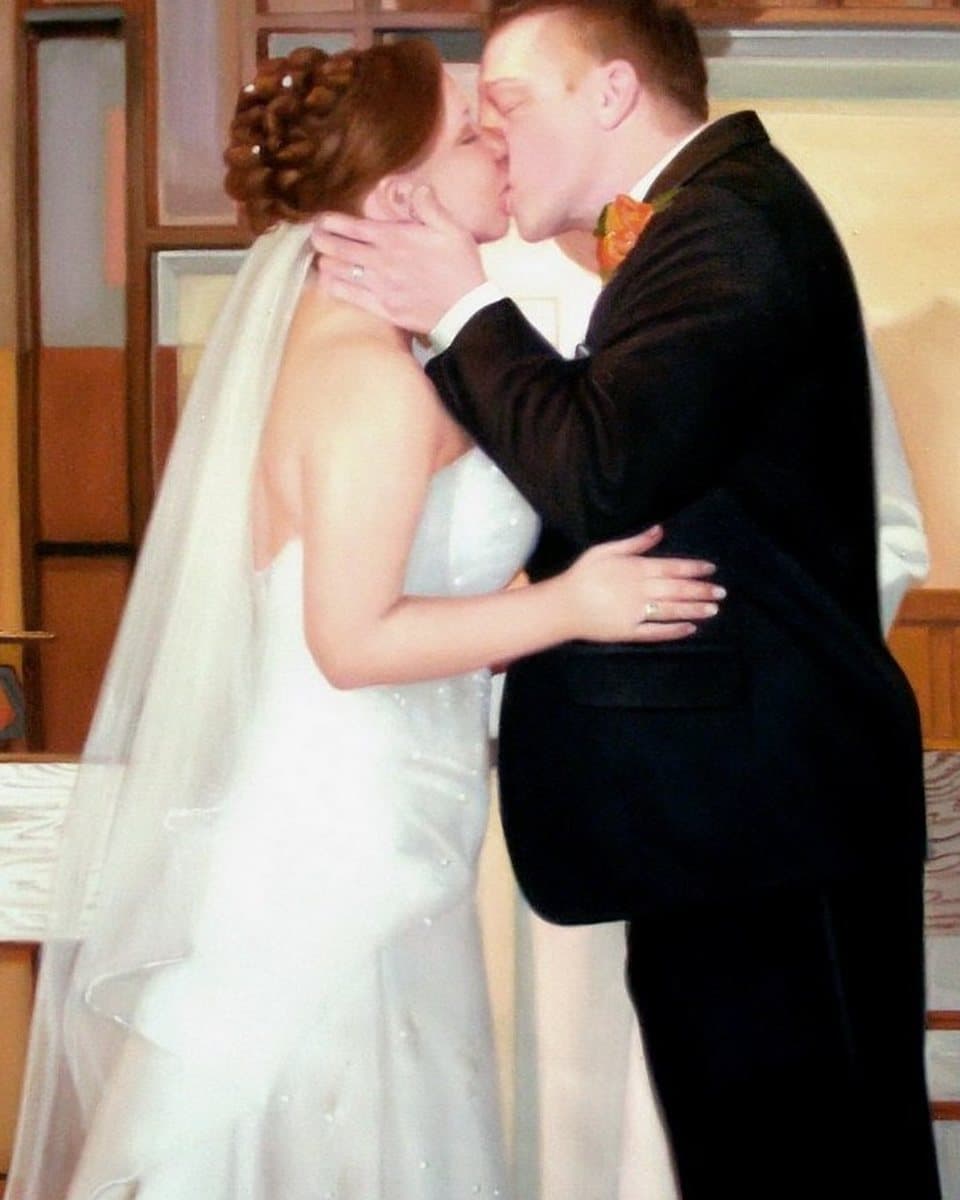 Oil painting of a bride and groom kissing at the altar, hand-painted from a photograph