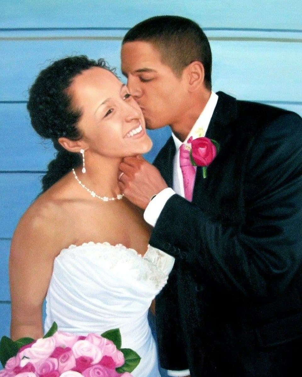 Oil painting of a groom kissing his bride on the cheek, hand-painted from a photograph