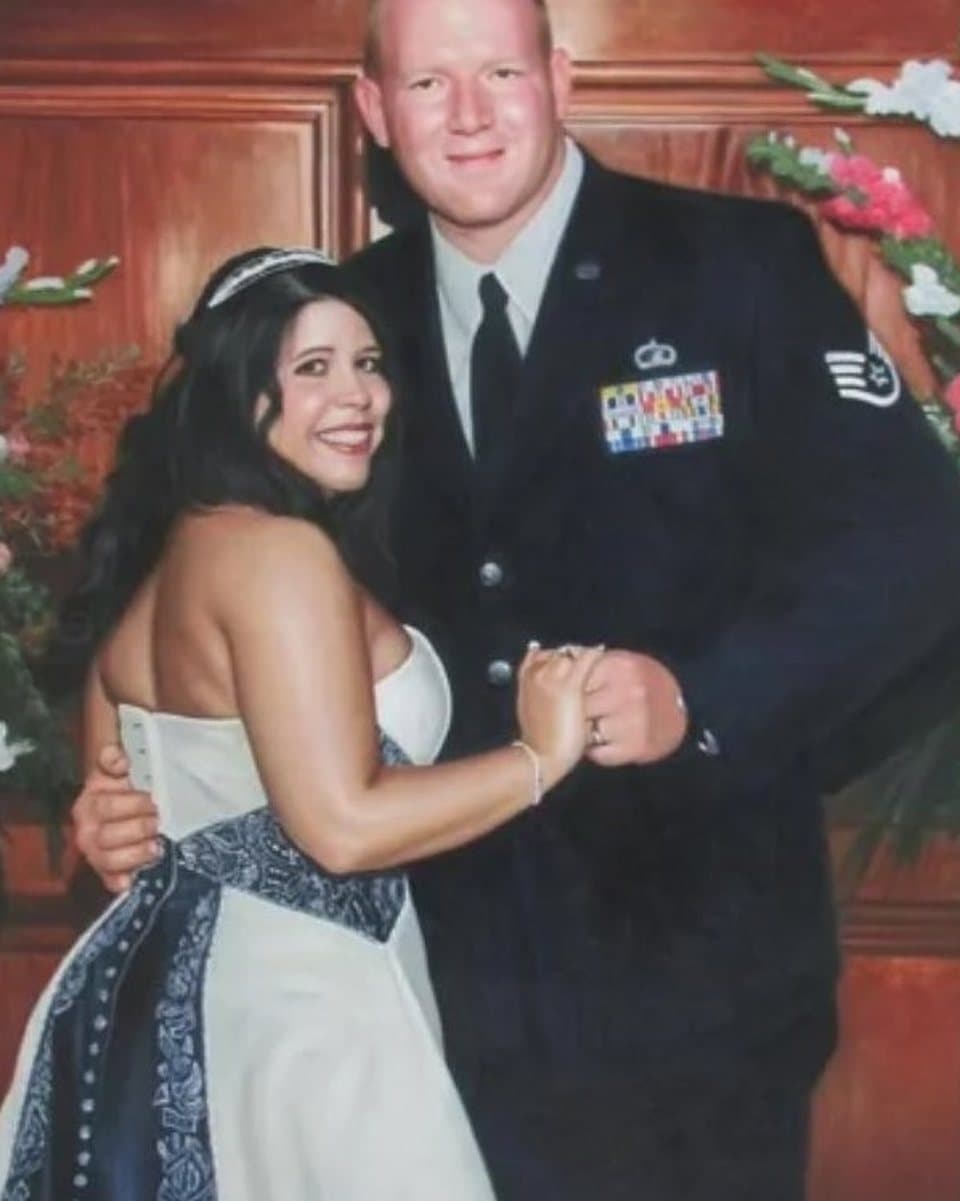 Oil painting of a bride and a groom in dress uniform, hand-painted from a photograph