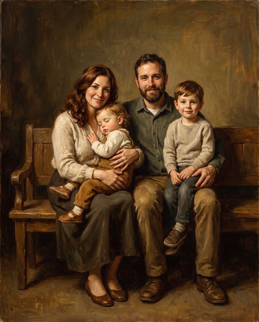 A family group hand-painted in oil from a single photograph