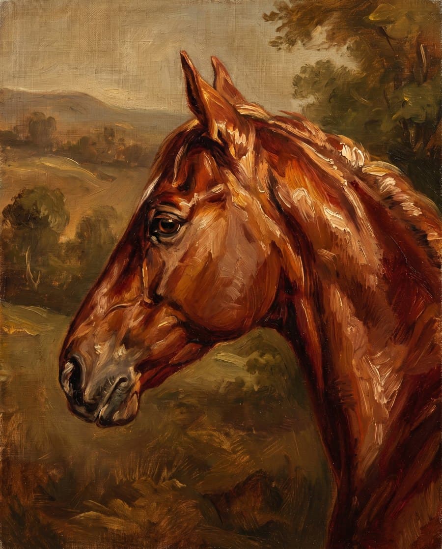 A chestnut horse hand-painted in oil from a photograph