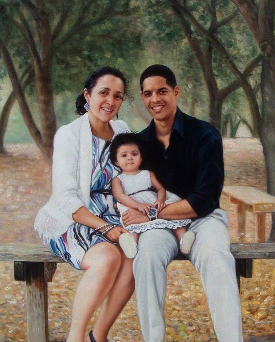 A family group hand-painted in oil from a single photograph