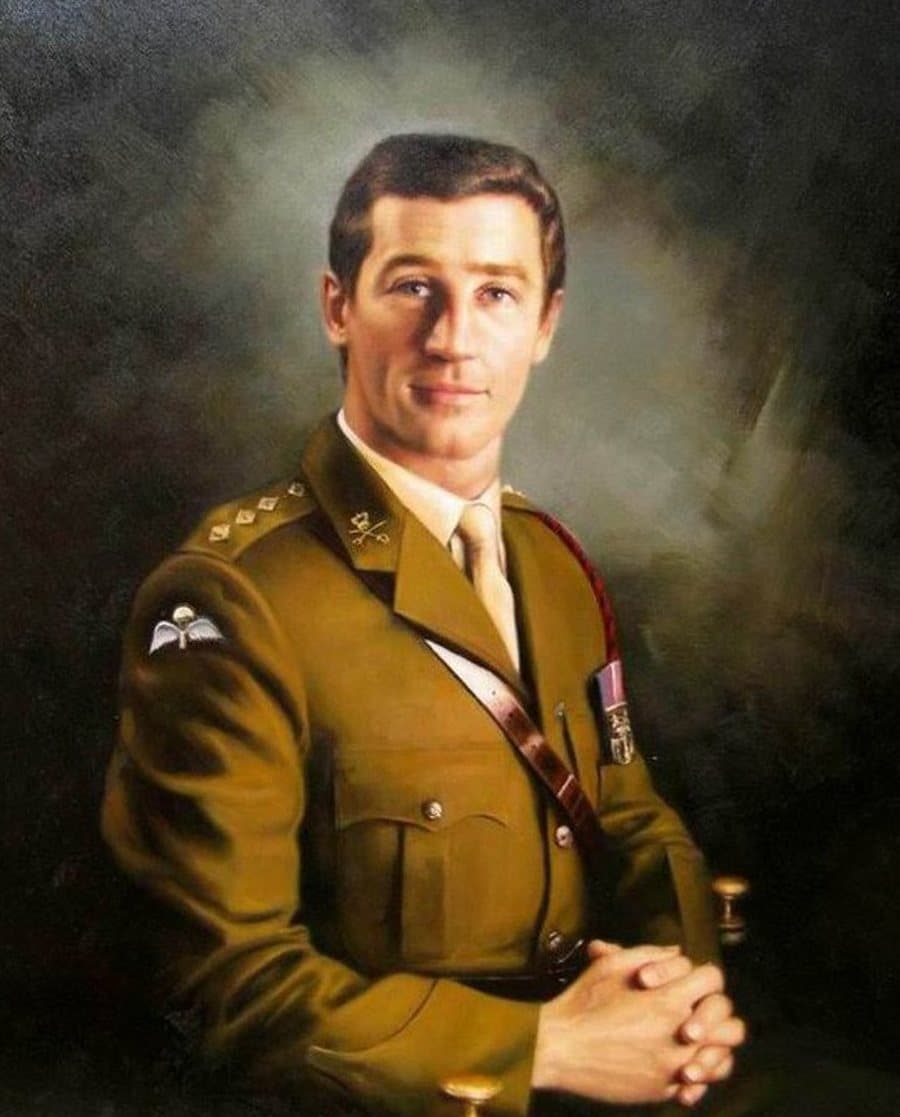 A memorial portrait of an army officer, hand-painted in oil from a photograph