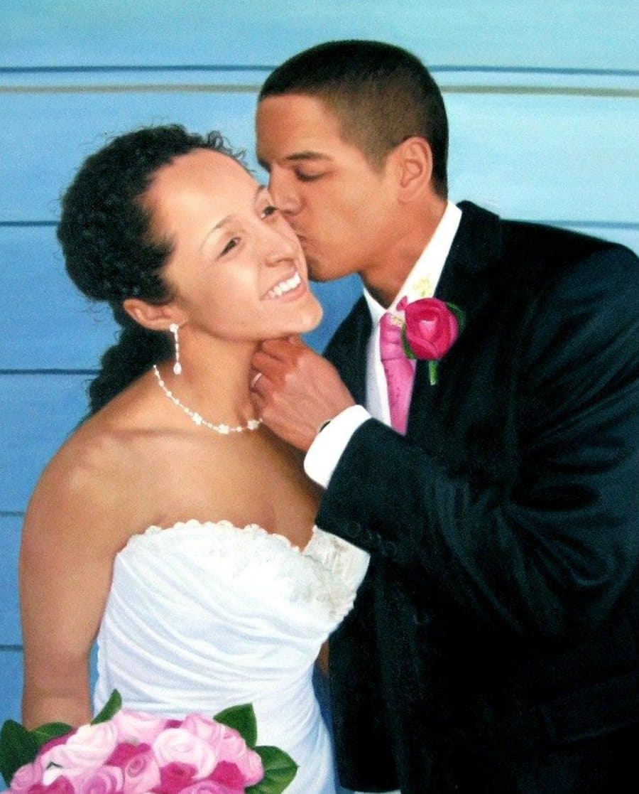 A bride and groom hand-painted in oil from a wedding photograph