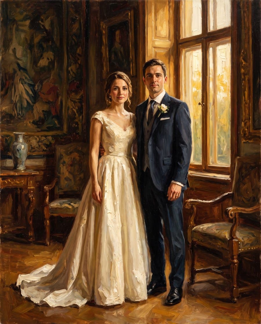 A bride and groom hand-painted in oil from a wedding photograph